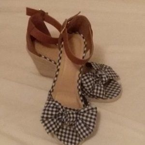 Navy/White  Check Bow  Ankle Wedge Womens 6